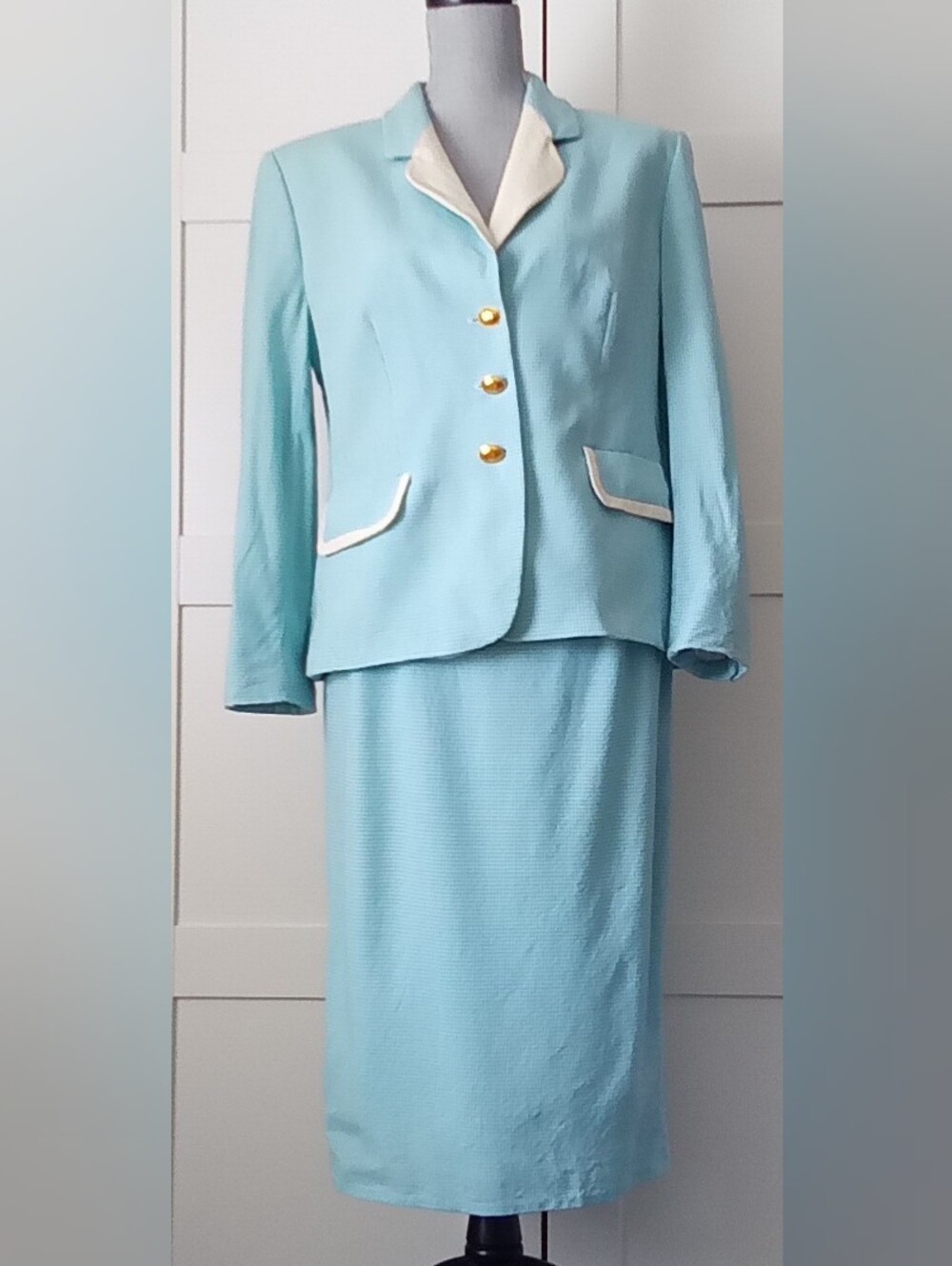 Louis Feraud Light Blue Two-Piece Blazer and Skirt Set with White Trim